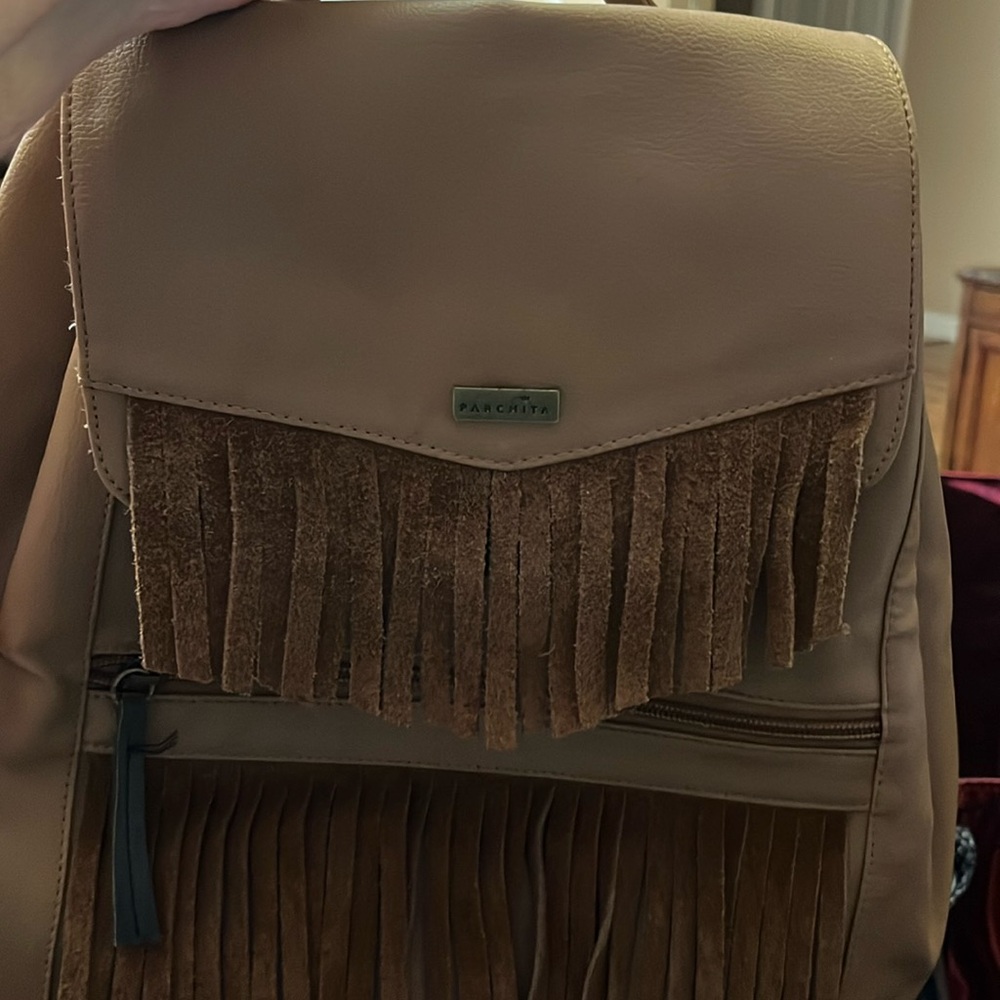 Tan and Brown Fringe Backpack